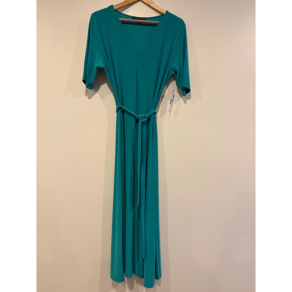Preston & York Sydney Dress Green V-Neck Short Sleeve Belted Maxi Dress NWT L